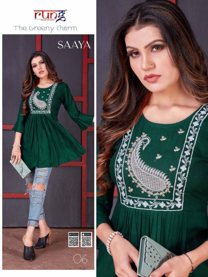 Rung Saaya Hevay Slub Latest Fancy Designer Casual Wear  Embroidery Work Western Rayon Top Collection